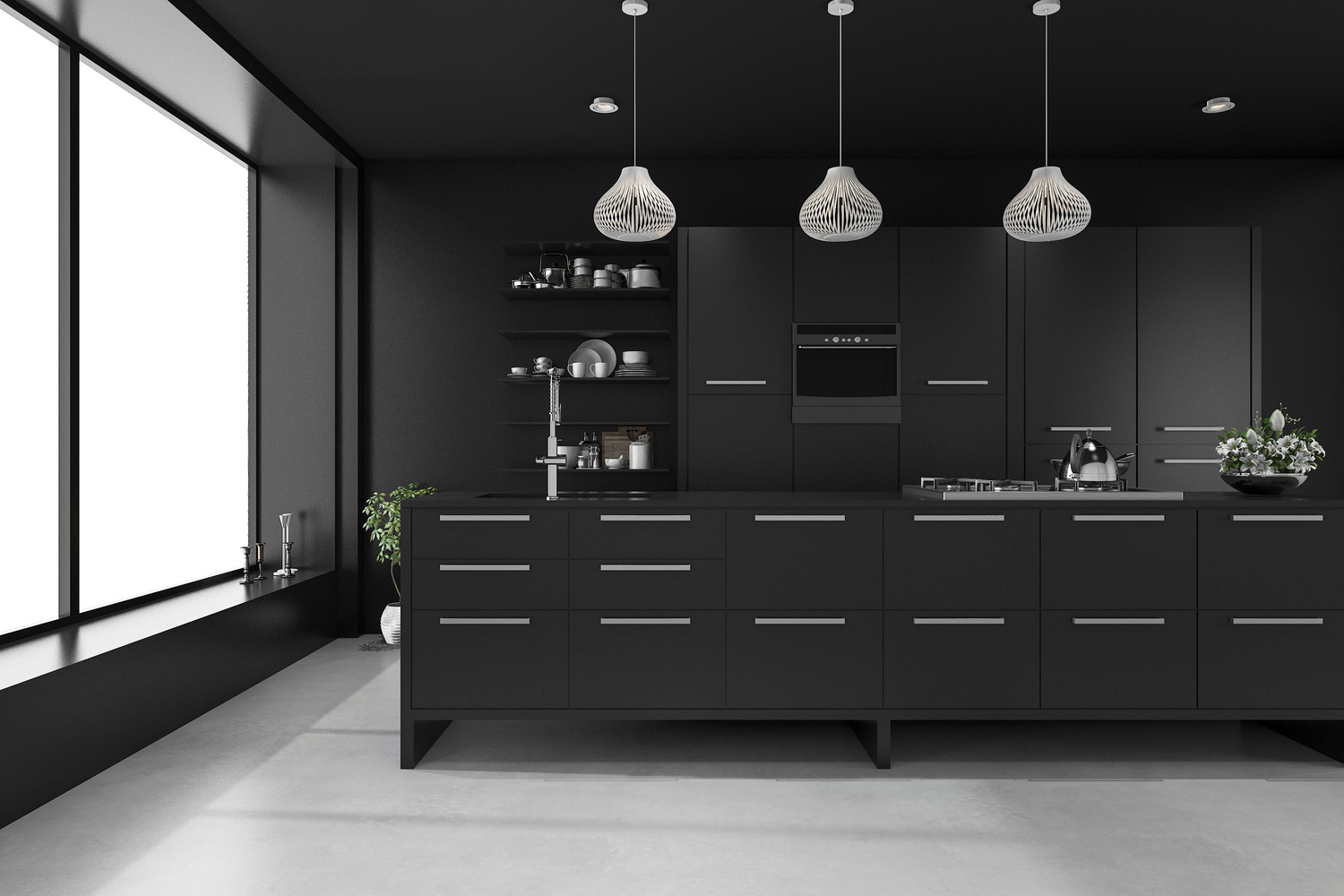 3d rendering black modern luxury kitchen